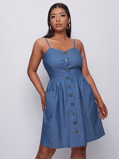 Plus Button Front Dual Pocket Shirred Back Denim Cami Dress