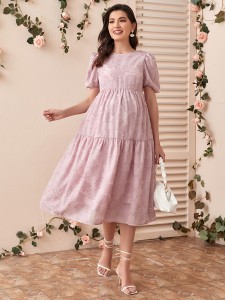 Maternity Puff Sleeve Ruffle Hem Applique Jacquard Dress