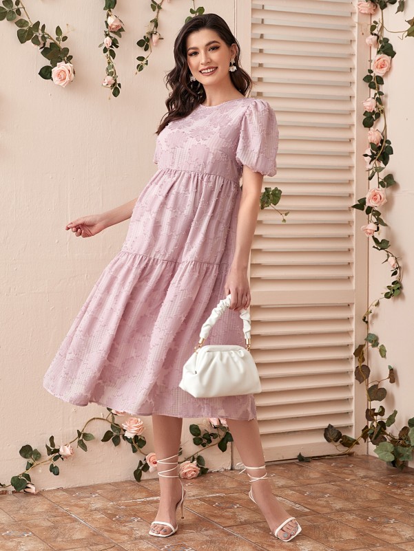 Maternity Puff Sleeve Ruffle Hem Applique Jacquard Dress