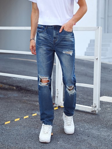 Men Distressed Ripped Washed Jeans