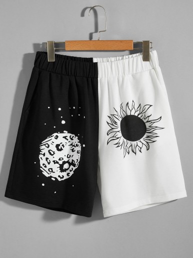 Men Graphic Two Tone Track Shorts