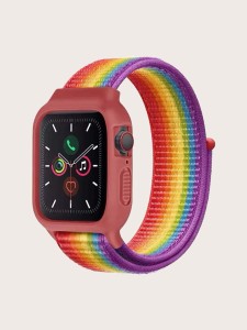 حافظة الساعة وسوار ساعة مخطط بألوان قوس قزح متوافق مع ساعة Apple Watch