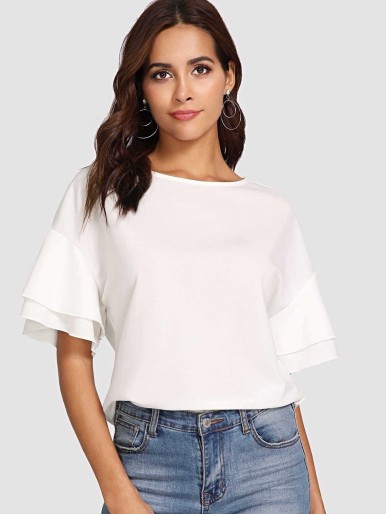 Plunging Neck Rolled-Up Sleeve Blouse