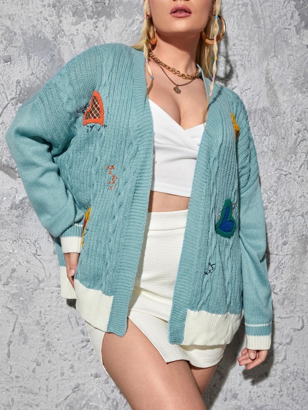 Plus Heart Patched Cable Knit Drop Shoulder Cardigan