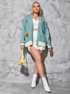 Plus Heart Patched Cable Knit Drop Shoulder Cardigan