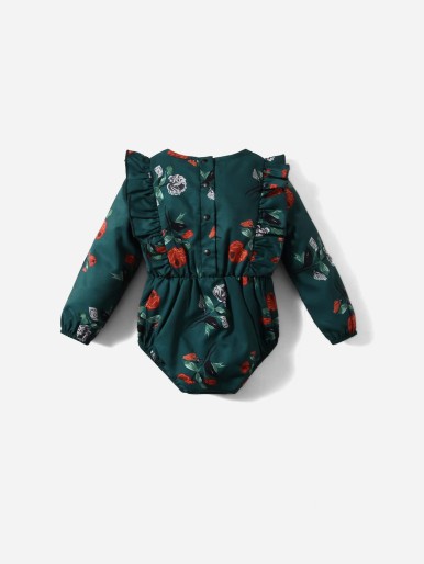 Baby 1pc Floral Print Ruffle Trim Bishop Sleeve Bodysuit