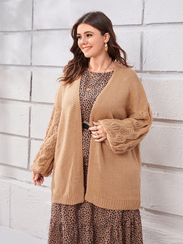 Plus Solid Drop Shoulder Open Front Cardigan