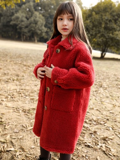 Girls Button Front Patch Pocket Fuzzy Coat