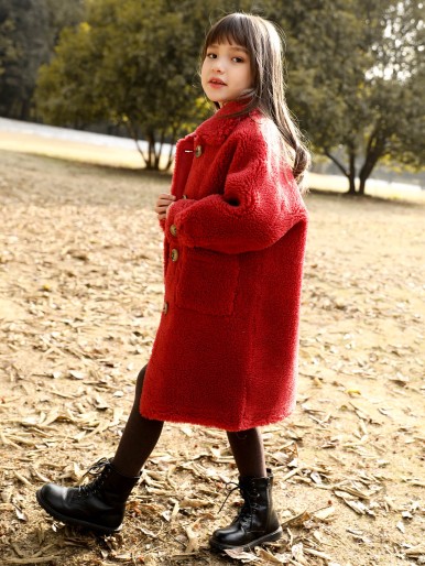 Girls Button Front Patch Pocket Fuzzy Coat