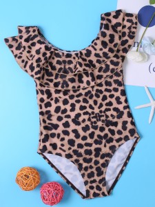 Girls Leopard Ruffle One Piece Swimsuit