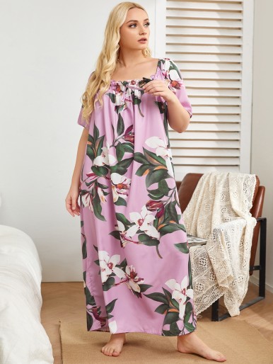 Plus Floral Print Frill Trimed Night Dress