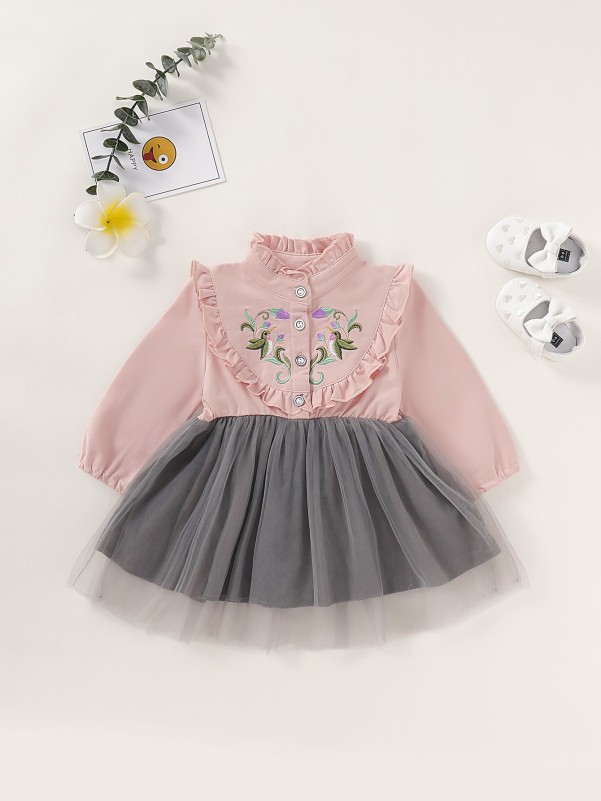 Baby Girl Plants Embroidery Frill Trim Combo Dress