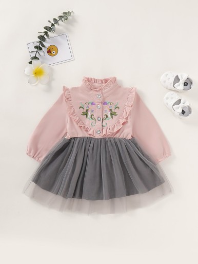 Baby Girl Plants Embroidery Frill Trim Combo Dress