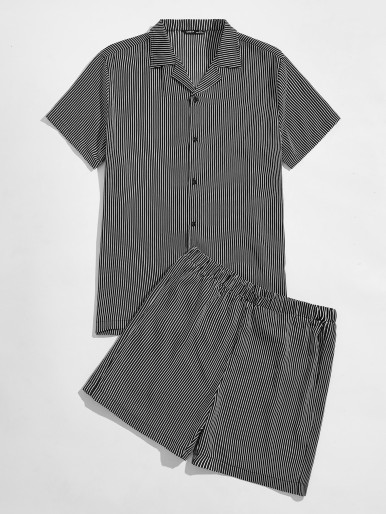 Men Striped Print Shirt & Shorts PJ Set
