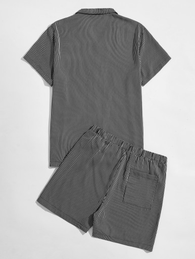 Men Striped Print Shirt & Shorts PJ Set