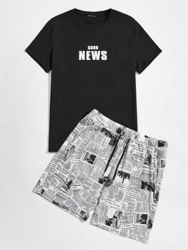 Men Letter Graphic Top & Newspaper Print Shorts Set