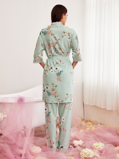 Contrast Binding Floral Print Belted Night Set