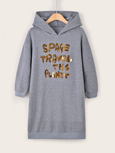 Girls Slogan Graphic Thermal Lined Hoodie Dress