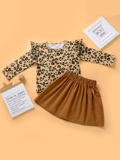 Toddler Girls Leopard Print Ruffle Trim Tee & Skirt