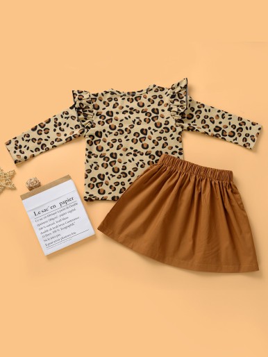 Toddler Girls Leopard Print Ruffle Trim Tee & Skirt