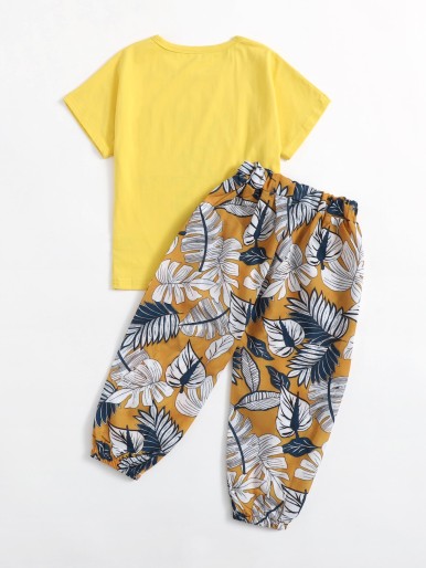 Toddler Girls Hand Print Tee With Plants Pants