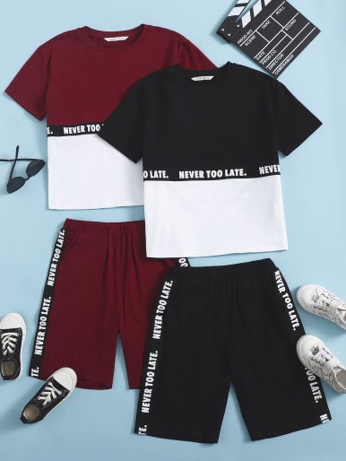 Boys 2 Pack Slogan Tape Detail Colorblock Top & Shorts Set