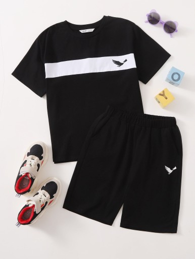 Boys Letter & Bird Print Tee and Track Shorts Set