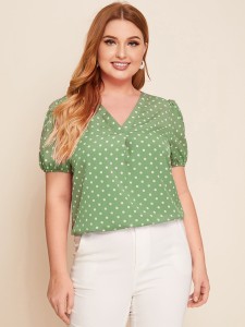 Plus V-neck Puff Sleeve Polka Dot Top