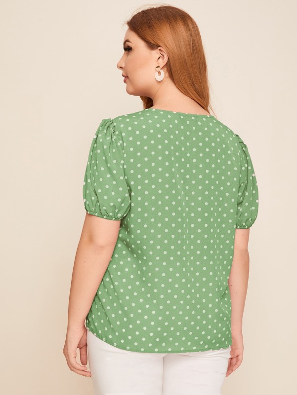 Plus V-neck Puff Sleeve Polka Dot Top