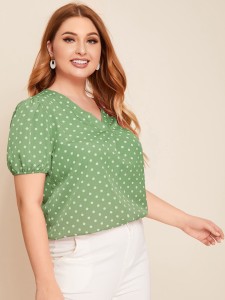 Plus V-neck Puff Sleeve Polka Dot Top