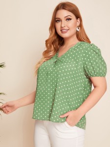 Plus V-neck Puff Sleeve Polka Dot Top