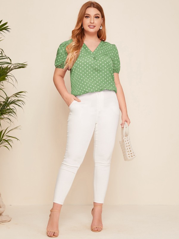 Plus V-neck Puff Sleeve Polka Dot Top