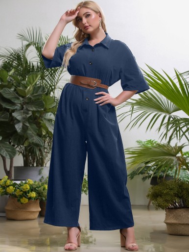 Plus Solid Shirt Jumpsuit Without Belted