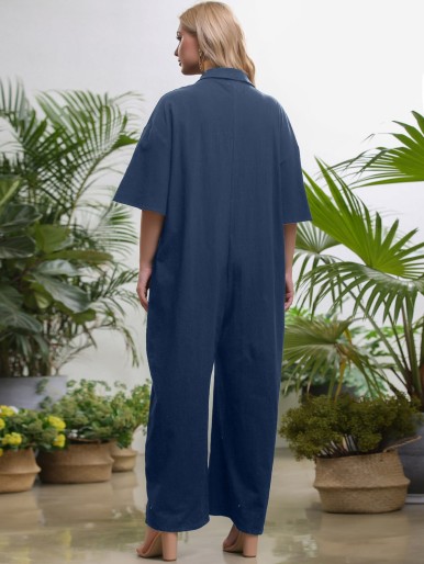 Plus Solid Shirt Jumpsuit Without Belted
