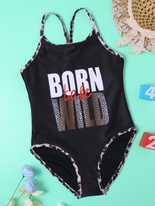 Girls Slogan Graphic One Piece Swimsuit