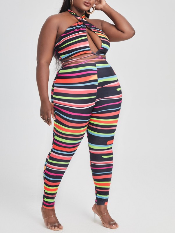 Plus Striped Crop Halter Top With Leggings