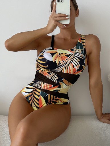 Tropical Print Contrast Mesh One Piece Swimsuit