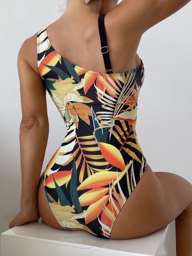 Tropical Print Contrast Mesh One Piece Swimsuit