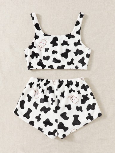 Plus Cow And Cartoon Graphic Flannel PJ Set