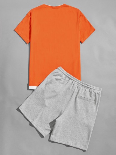 Men Neon Orange Tee & Track Shorts Set