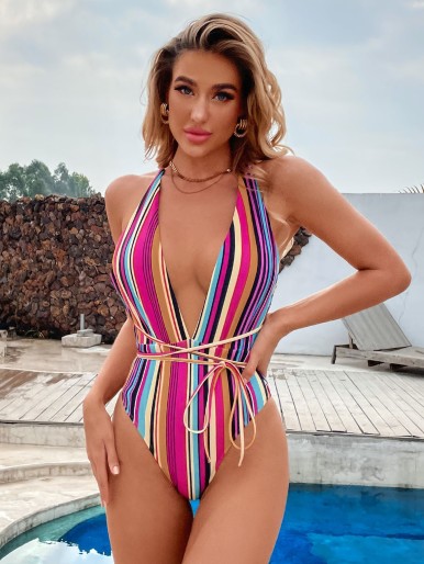 Colorful Stripe Plunging One Piece Swimsuit