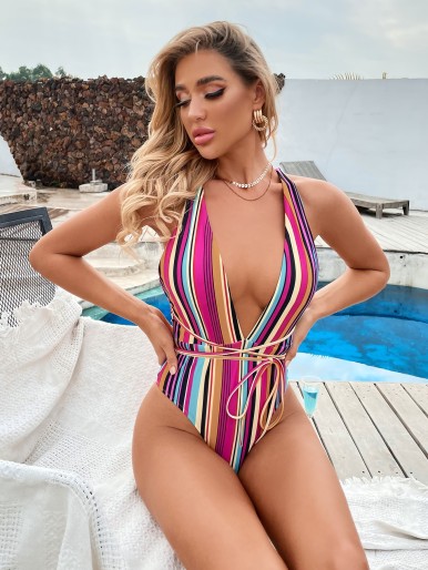 Colorful Stripe Plunging One Piece Swimsuit