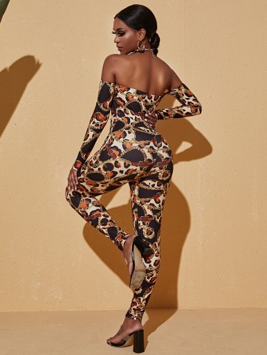 Off Shoulder Chain & Leopard Print Skinny Jumpsuit