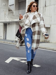 Plus Gingham Pattern Open Front Teddy Coat