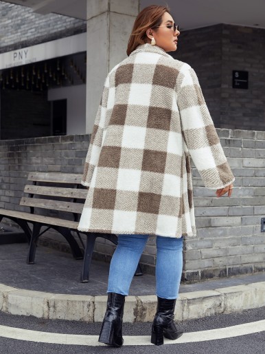 Plus Gingham Pattern Open Front Teddy Coat