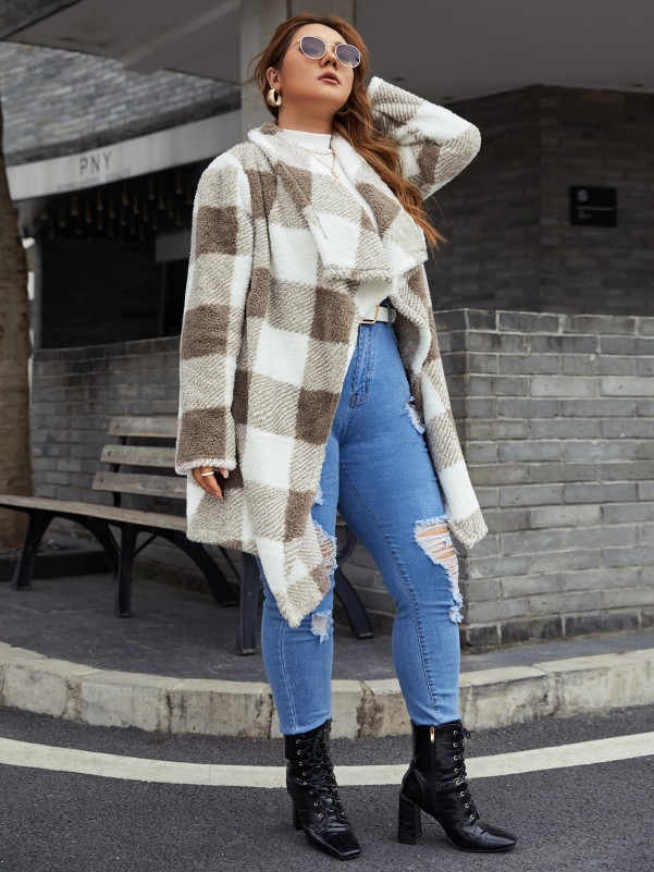 Plus Gingham Pattern Open Front Teddy Coat