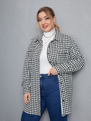 Plus Houndstooth Flap Pocket Drop Shoulder Coat