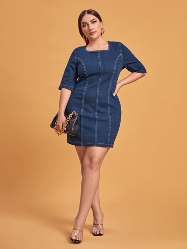 Plus Top-stitching Zip Back Denim Dress