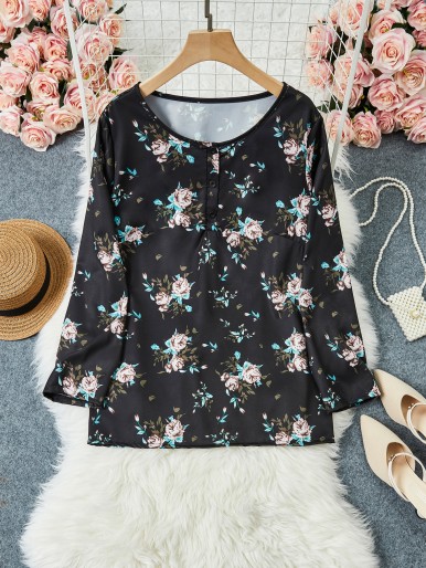 Plus Floral Print Half Button Blouse