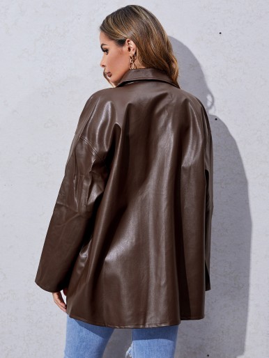 Drop Shoulder Patch Pocket PU Leather Coat